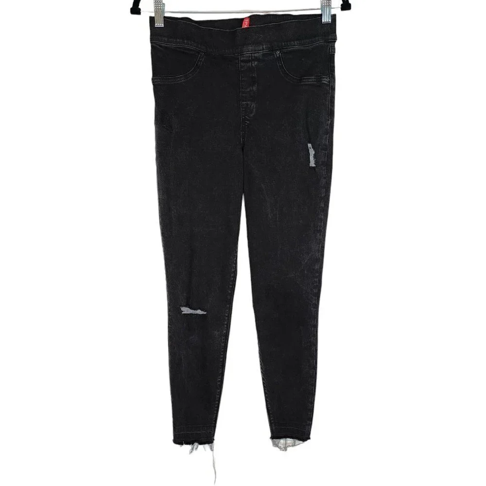 Spanx Vintage Distressed Ankle Skinny Jeans Vintage Black Stretch Tummy Panel Md